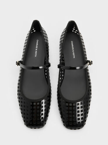 Patent Perforated Mary Jane Flats, Black Patent, hi-res