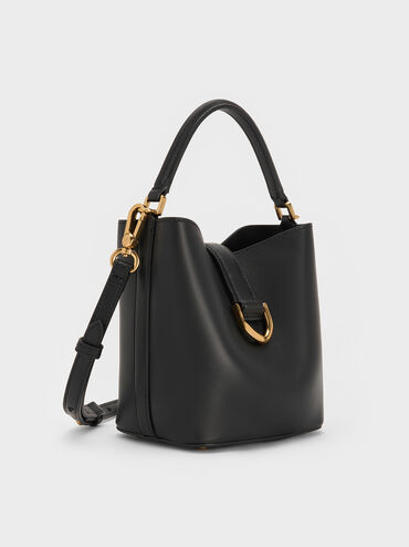 Gabine Leather Belted Bucket Bag, Black, hi-res