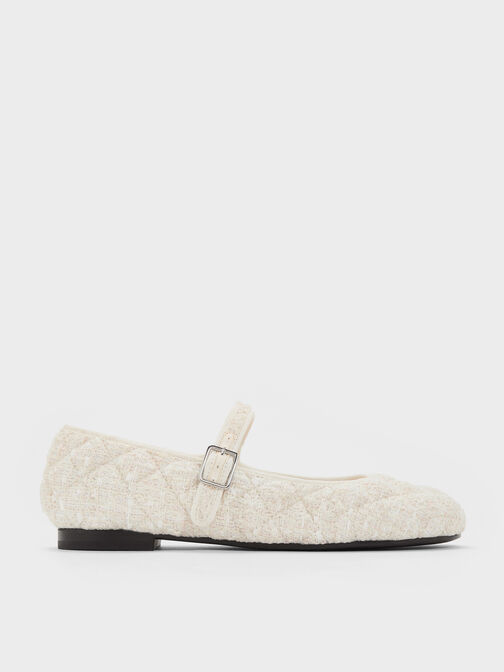 Carmel Tweed Quilted Mary Jane Flats, White, hi-res
