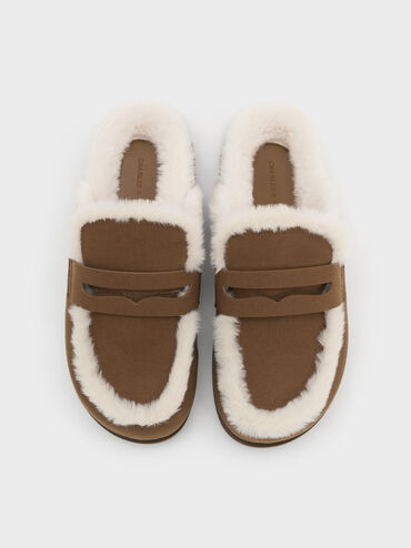Furry Flatform Mules, Brown, hi-res
