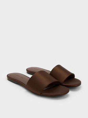 Satin Slide Sandals, Dark Brown, hi-res