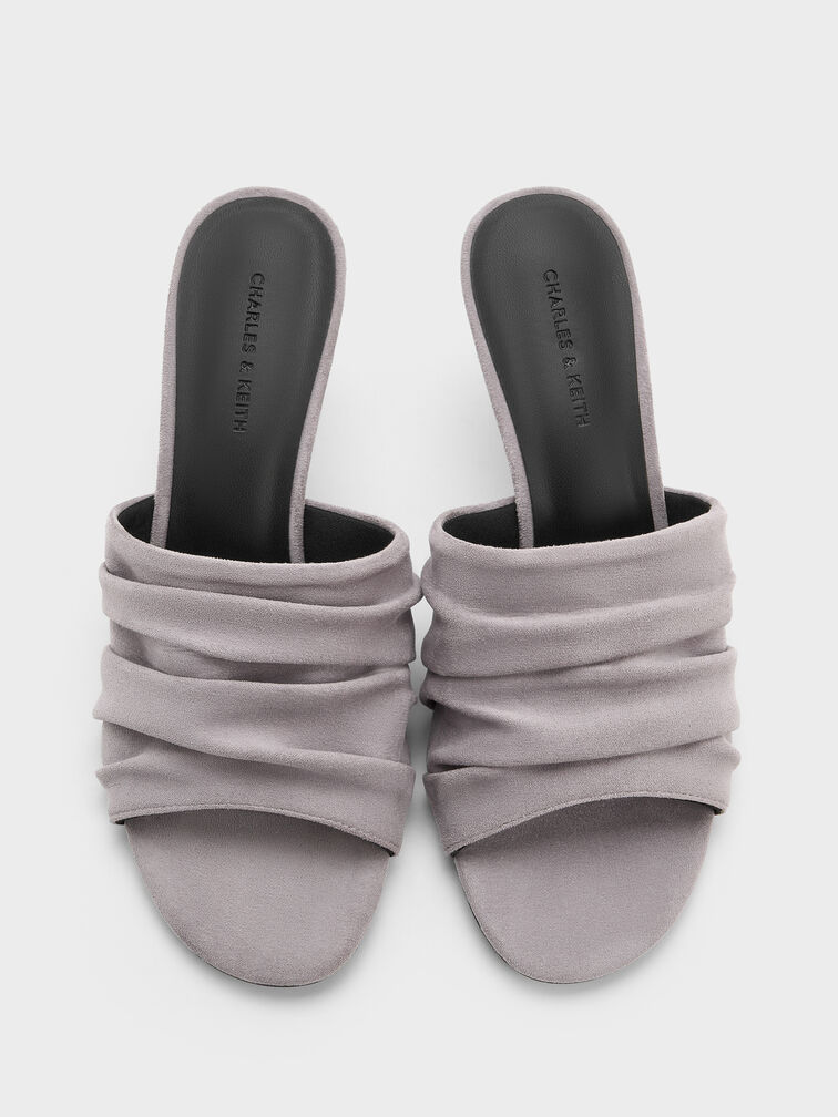 Faux Suede Ruched Heeled Mules, Lilac, hi-res