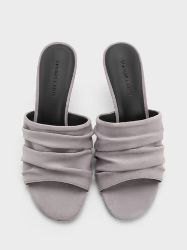 Faux Suede Ruched Heeled Mules, Lilac, hi-res