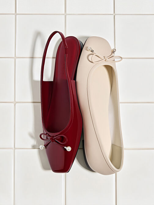 Barbara Patent Pearl-Bow Slingback Flats, Red, hi-res