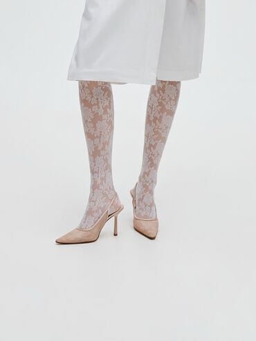 Lace & Satin Slingback Pumps, Nude, hi-res