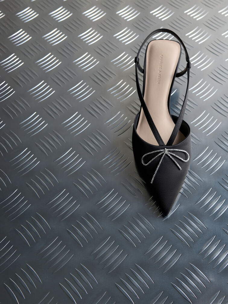 Crystal-Bow Kitten-Heel Slingback Pumps, Black Textured, hi-res