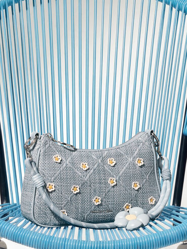 Philomena Raffia Flower Crossbody Bag, Misty Blue, hi-res