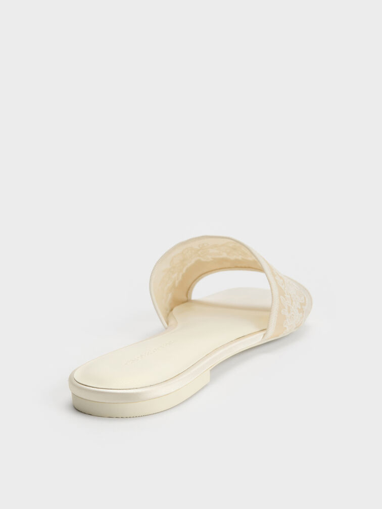 Satin Embroidered-Mesh Slide Sandals, White, hi-res