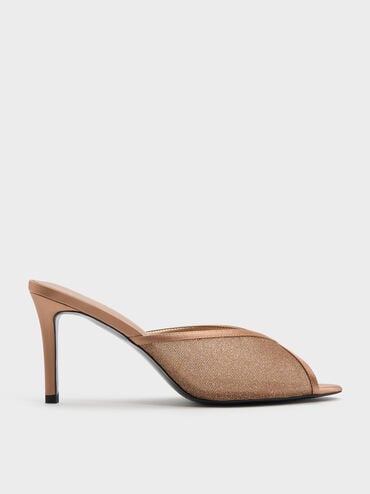 Glittered Mesh Peep-Toe Heeled Mules, Bronze, hi-res
