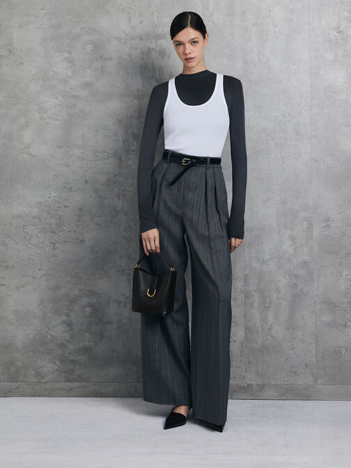 Gabine Leather Belted Bucket Bag, Black, hi-res
