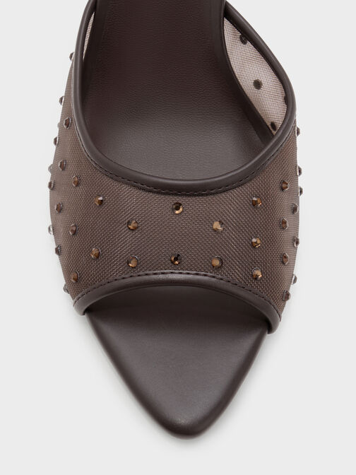 Mesh Crystal Peep-Toe Heeled Mules, Dark Brown Textured, hi-res