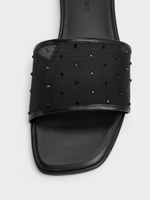 Mesh Crystal Slide Sandals, Black Textured, hi-res