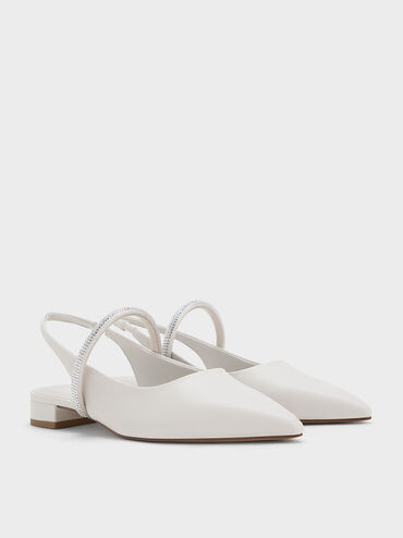 حذاء بدون كعب بتصميم سلينجباك مفتوح الظهر بمقدمة مدببة وشريط مرصّع بالكريستال, أبيض, hi-res