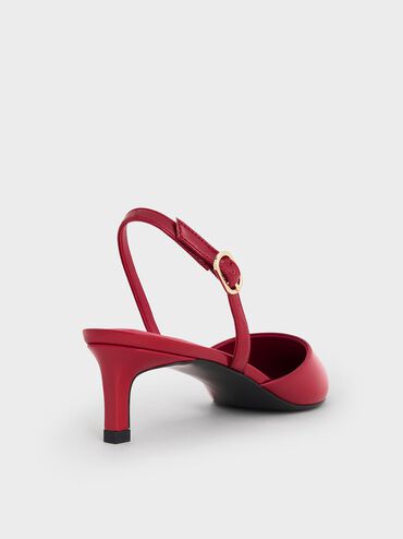 Patent Pointed Slingback Kitten Heels, Red, hi-res