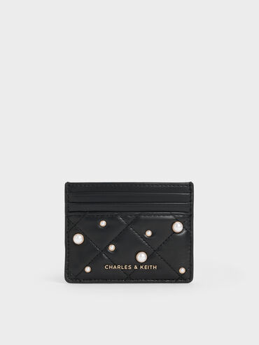 Janie Quilted Pearl Card Holder, Black, hi-res