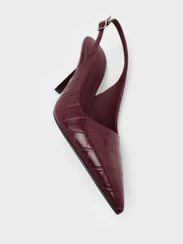Croc-Effect Pointed Slingback Pumps, Animal Print Burgundy, hi-res