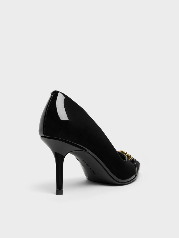 Patent Metallic-Buckle Pointed Pumps, Black Patent, hi-res