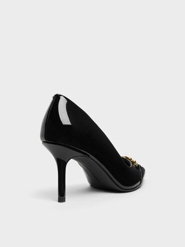 Patent Metallic-Buckle Pointed Pumps, Black Patent, hi-res