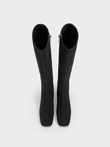 Faux Suede Square-Toe Knee-High Boots, Black Textured, hi-res