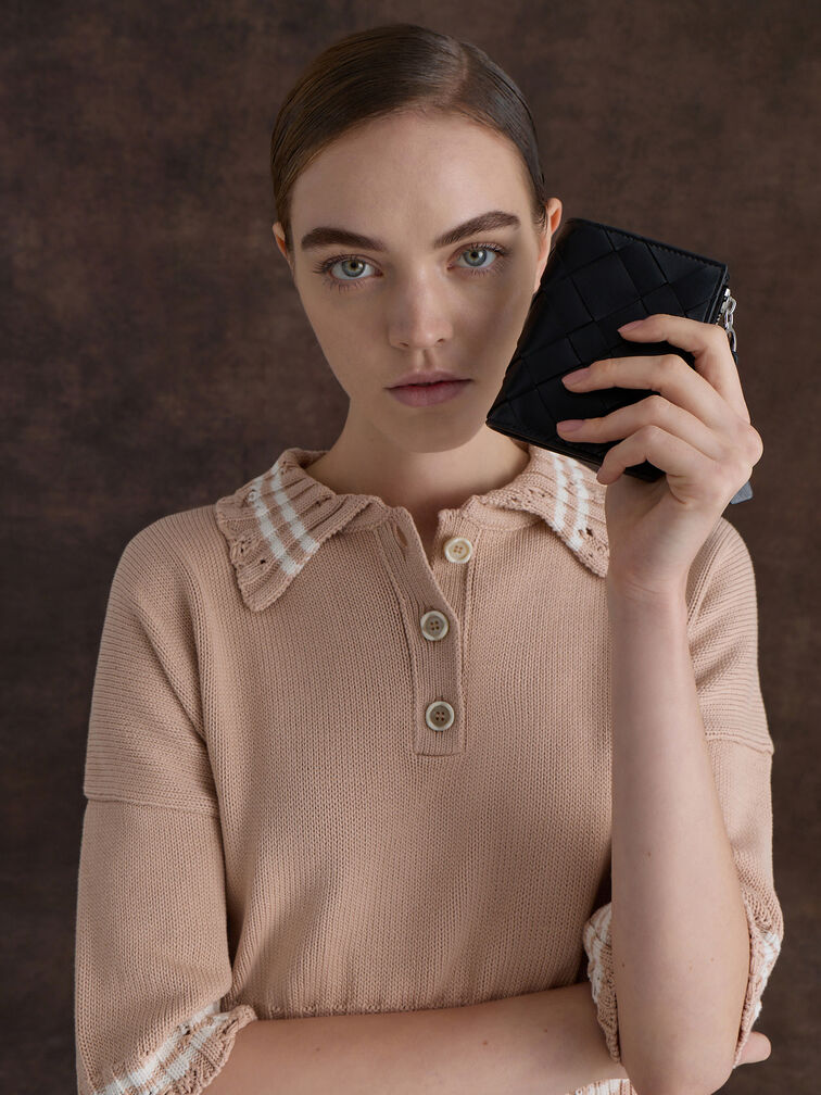 محفظة صغيرة بسحّاب علوي من إيفيت بتفاصيل مضفّرة, أسود كلاسيكي, hi-res