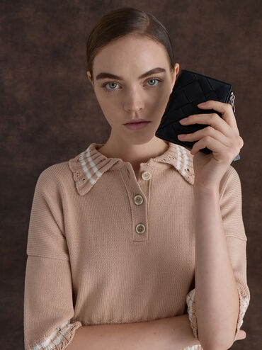 محفظة صغيرة بسحّاب علوي من إيفيت بتفاصيل مضفّرة, أسود كلاسيكي, hi-res