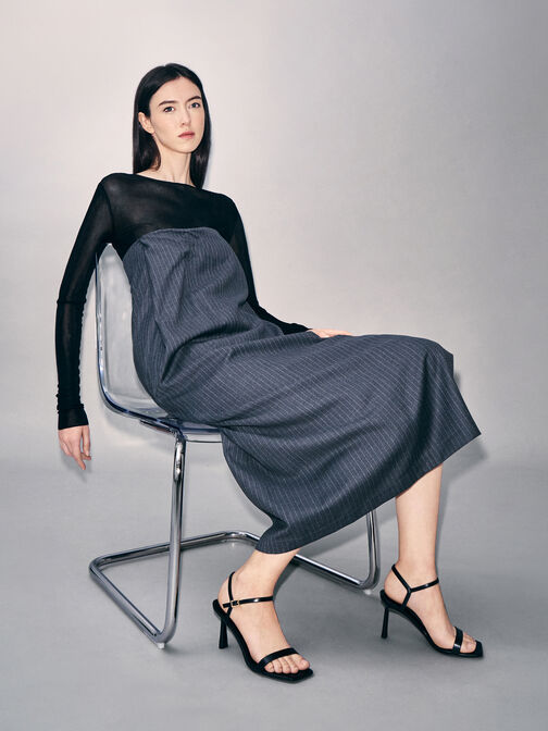 صندل بكعب عالٍ ومقدمة مربعة وحزام كاحل, أسود, hi-res