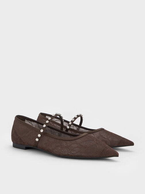 Lace & Satin Crystal Mary Jane Flats, Dark Brown Textured, hi-res
