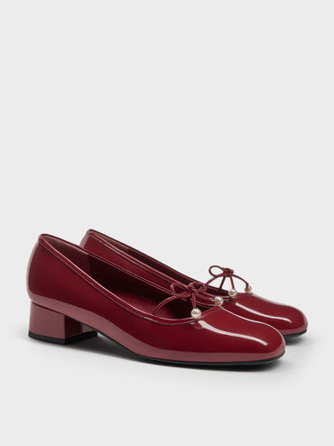 Barbara Patent Pearl-Bow Ballet Pumps, Red, hi-res