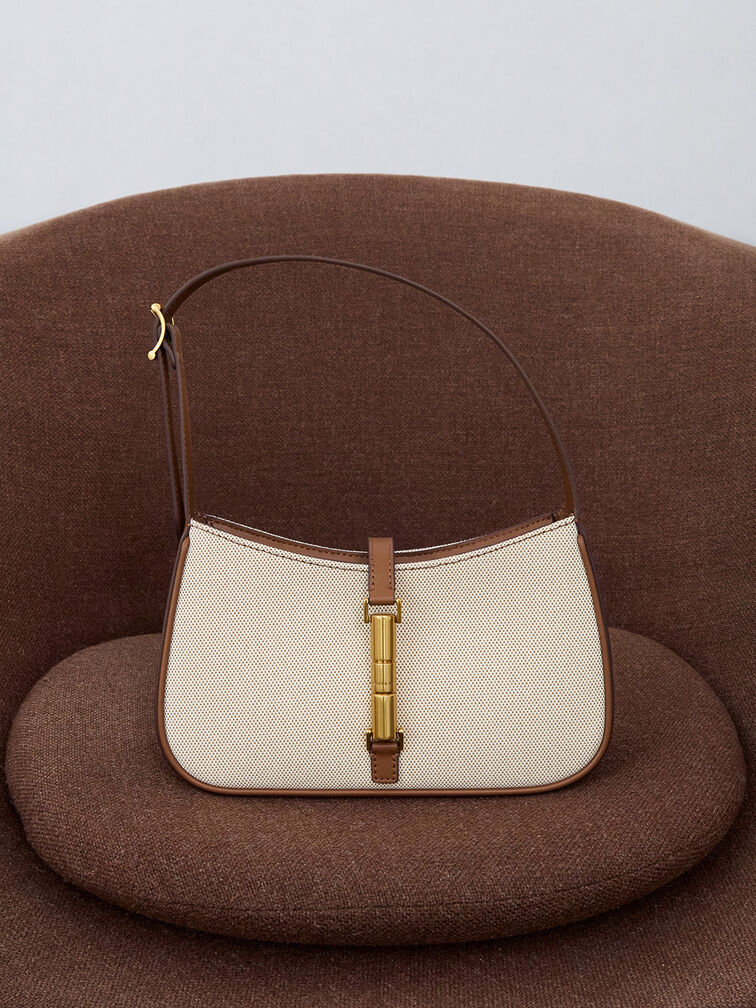 حقيبة كتف سيزيا من القماش بحلقة معدنية, شوكولاتي, hi-res