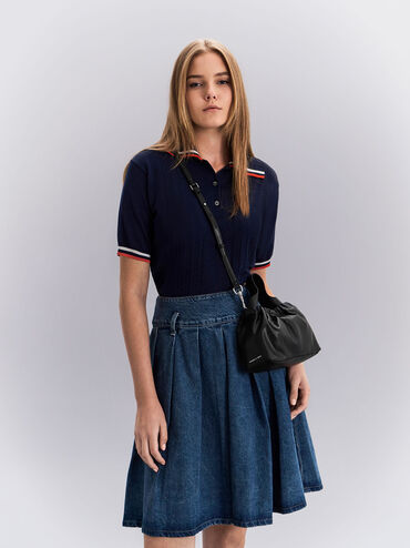 Ally Ruched Chain-Handle Bag, Noir, hi-res