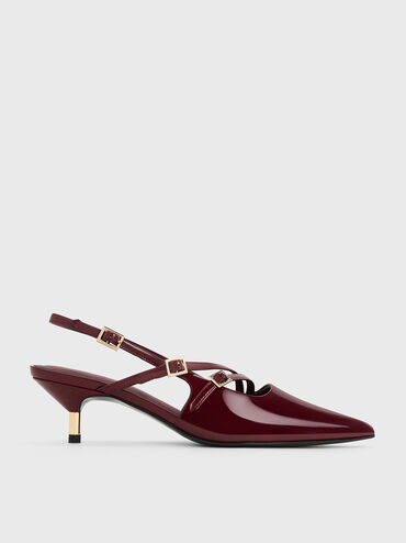 Patent Pointed Slingback Kitten Heels, Maroon, hi-res