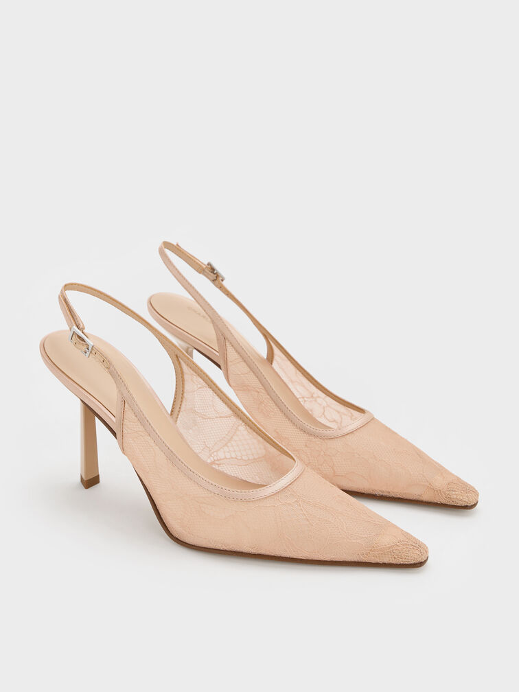 Lace & Satin Slingback Pumps, Nude, hi-res