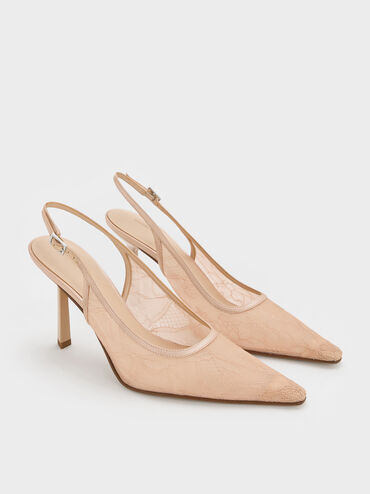 Lace & Satin Slingback Pumps, Nude, hi-res