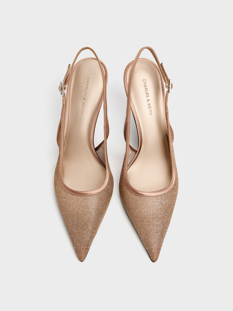 حذاء كعب عالي مدبب من القماش الشبكي اللامع, بني, hi-res