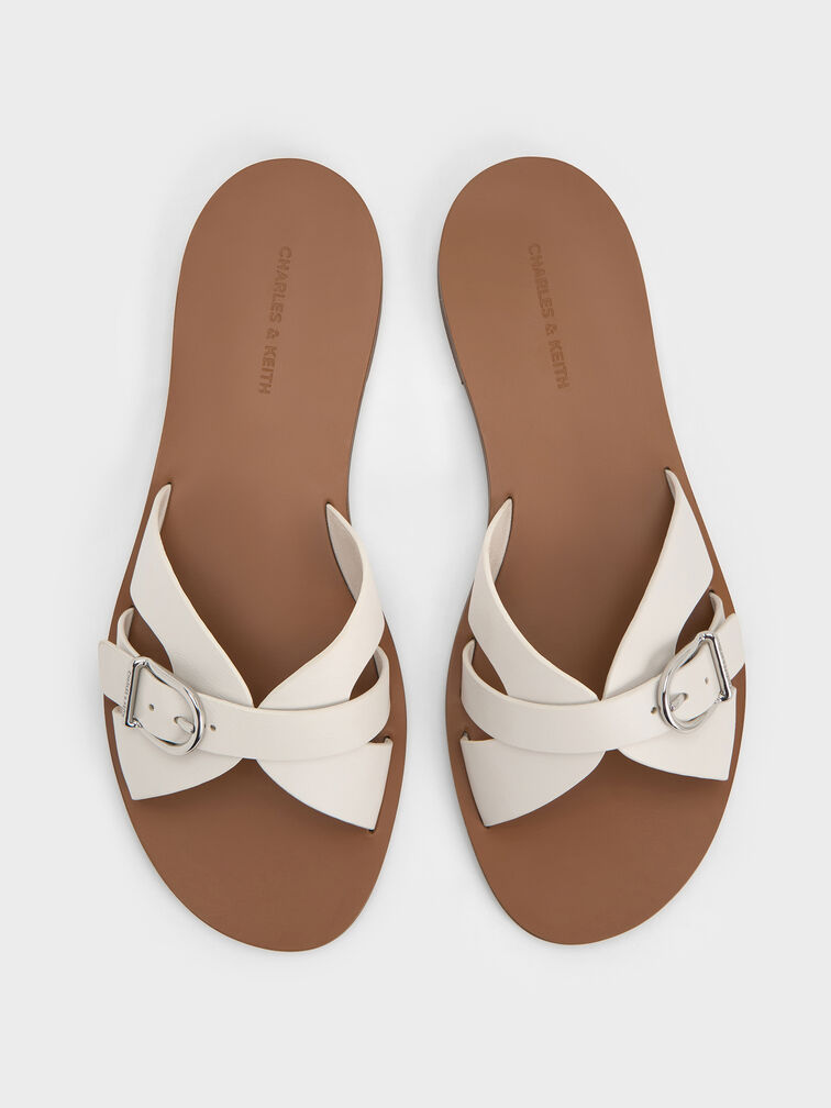 Belted Slide Sandals, White, hi-res