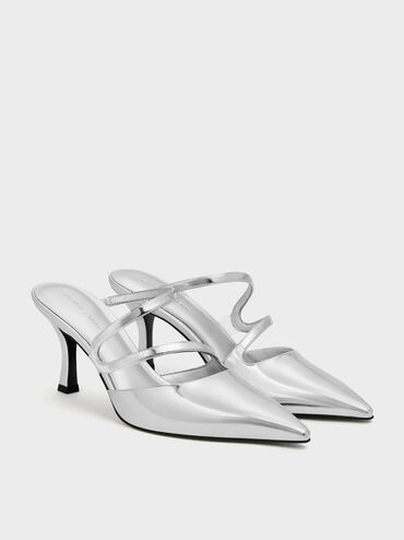 Arden Metallic Pointed Wavy Heeled Mules, Silver, hi-res