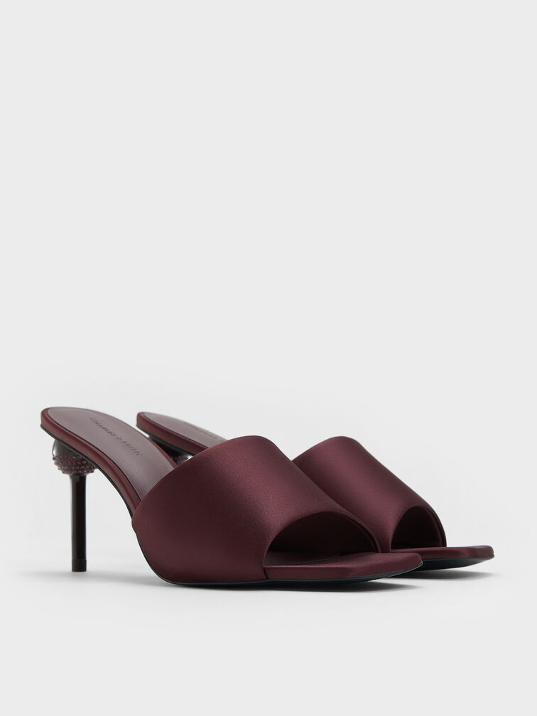 Satin Crystal Ball-Heel Mules, Burgundy, hi-res