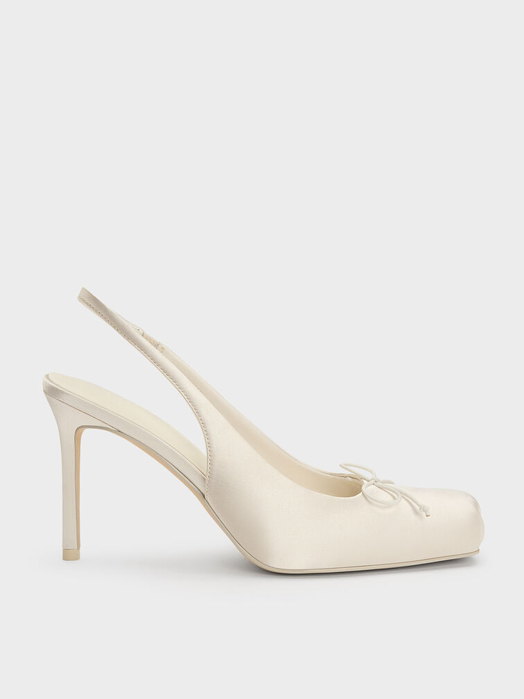 Satin Ruched Stiletto Slingback Pumps, Chalk, hi-res