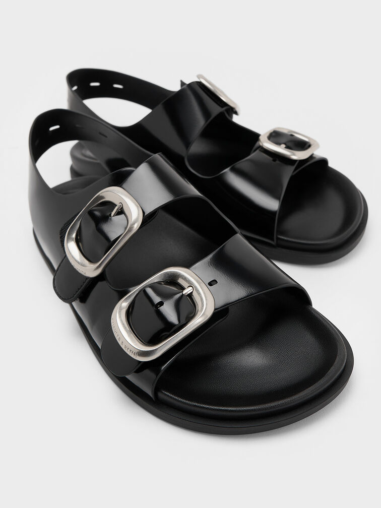 Buckled Double-Strap Slingback Sandals, Black Boxed, hi-res