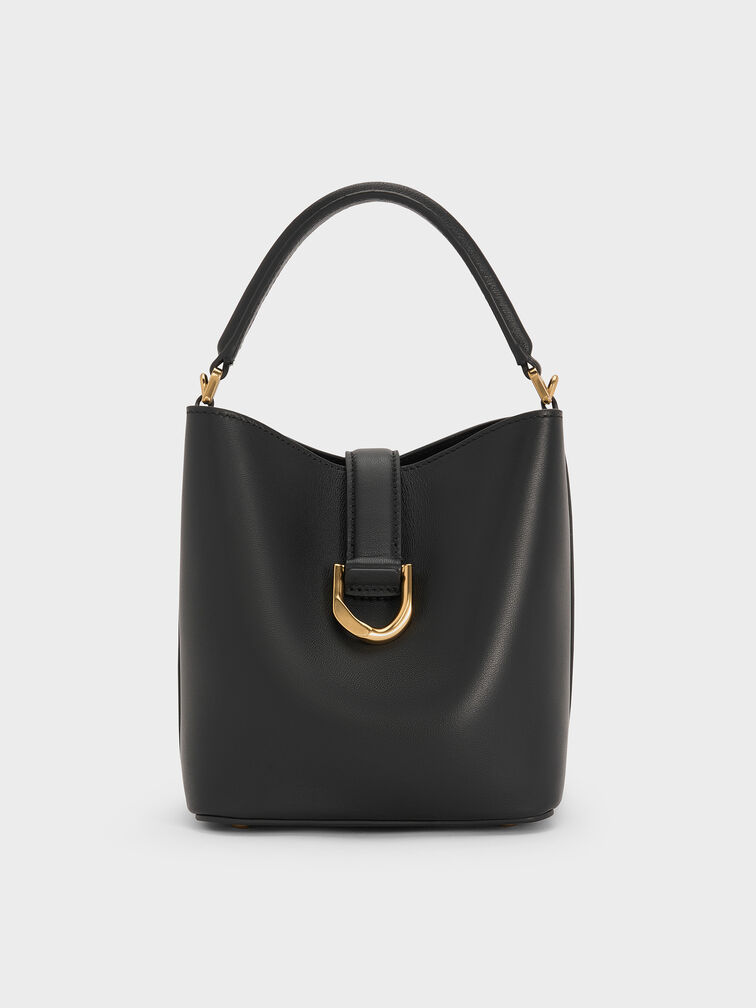 Gabine Leather Belted Bucket Bag, Black, hi-res