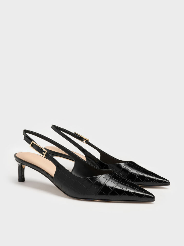 حذاء لوسيانا مفتوح من الخلف تصميم يشبه جلد التمساح بكعب قصير ورفيع, أسود حيواني, hi-res