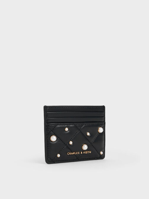 Janie Quilted Pearl Card Holder, Black, hi-res