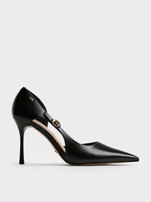 Leather Pointed D'Orsay Stilettos, Black, hi-res