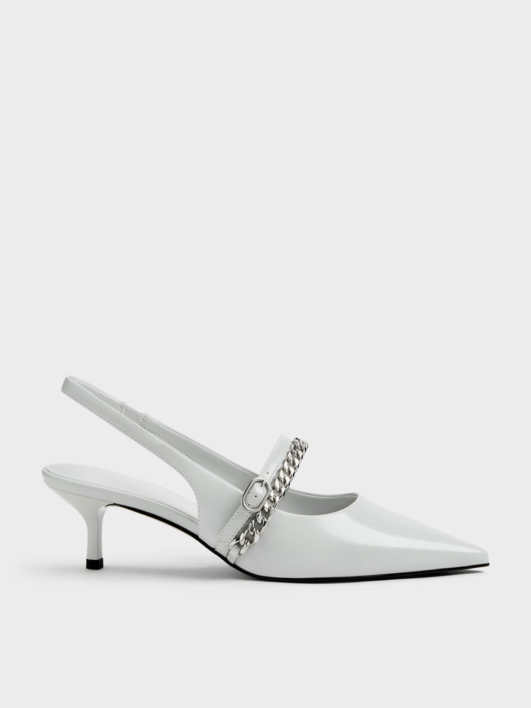 حذاء جورجي ذو الكعب الصغير المفتوح من الخلف والمزين بسلسلة, رمادي فاتح, hi-res