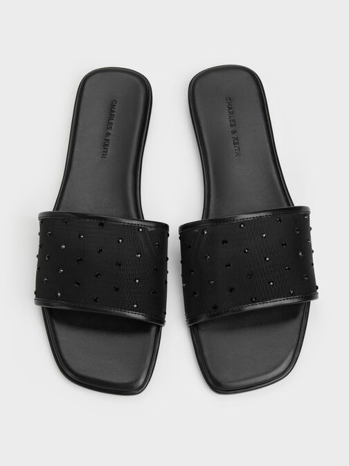 Mesh Crystal Slide Sandals, Black Textured, hi-res