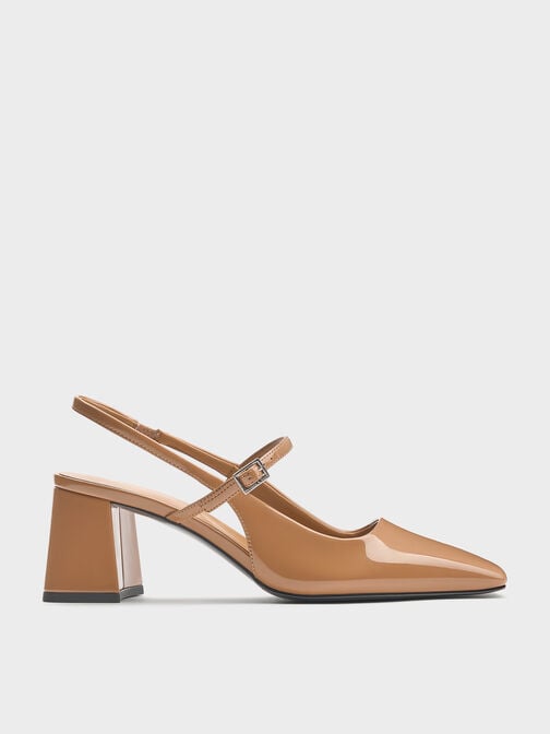 Patent Square-Toe Mary Jane Slingback Pumps, Caramel, hi-res
