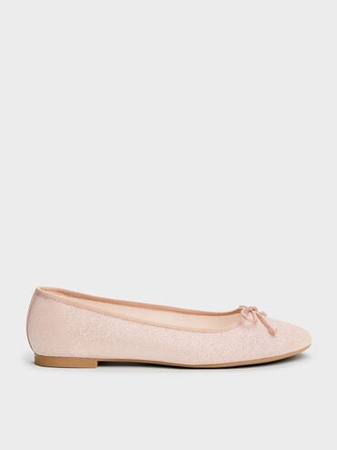 Glittered Mesh Bow Ballet Flats, Pink, hi-res