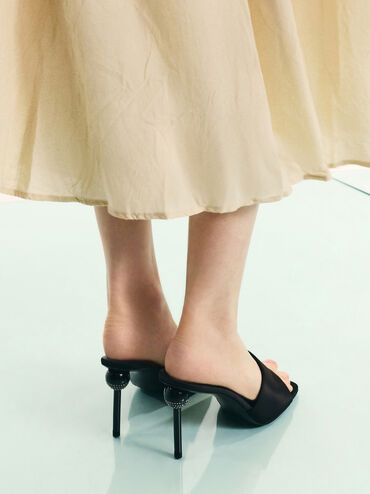 Satin Crystal Ball-Heel Mules, Black Textured, hi-res
