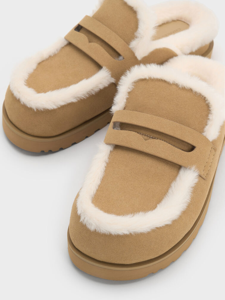Furry Flatform Mules, Sand, hi-res