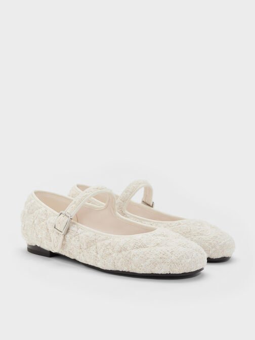 Carmel Tweed Quilted Mary Jane Flats, White, hi-res